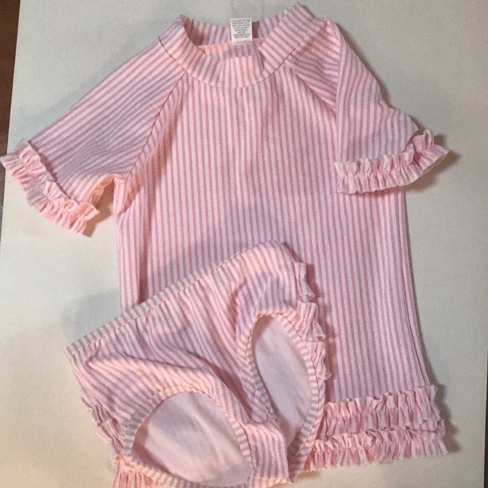 Ruffle Butts Seersucker 2 piece rash guard suit